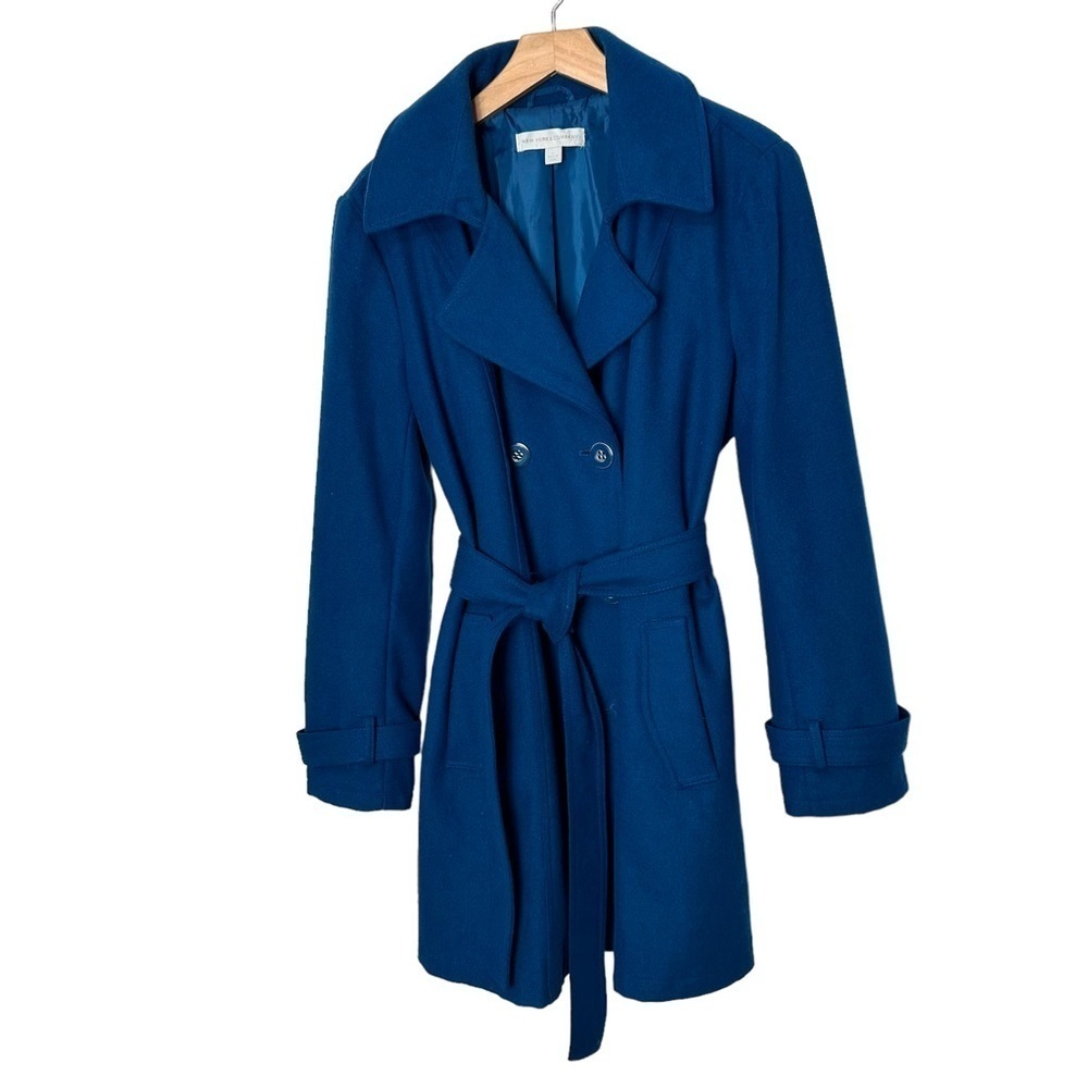 New York & Company XL blue belted double breasted wool blend pea coat